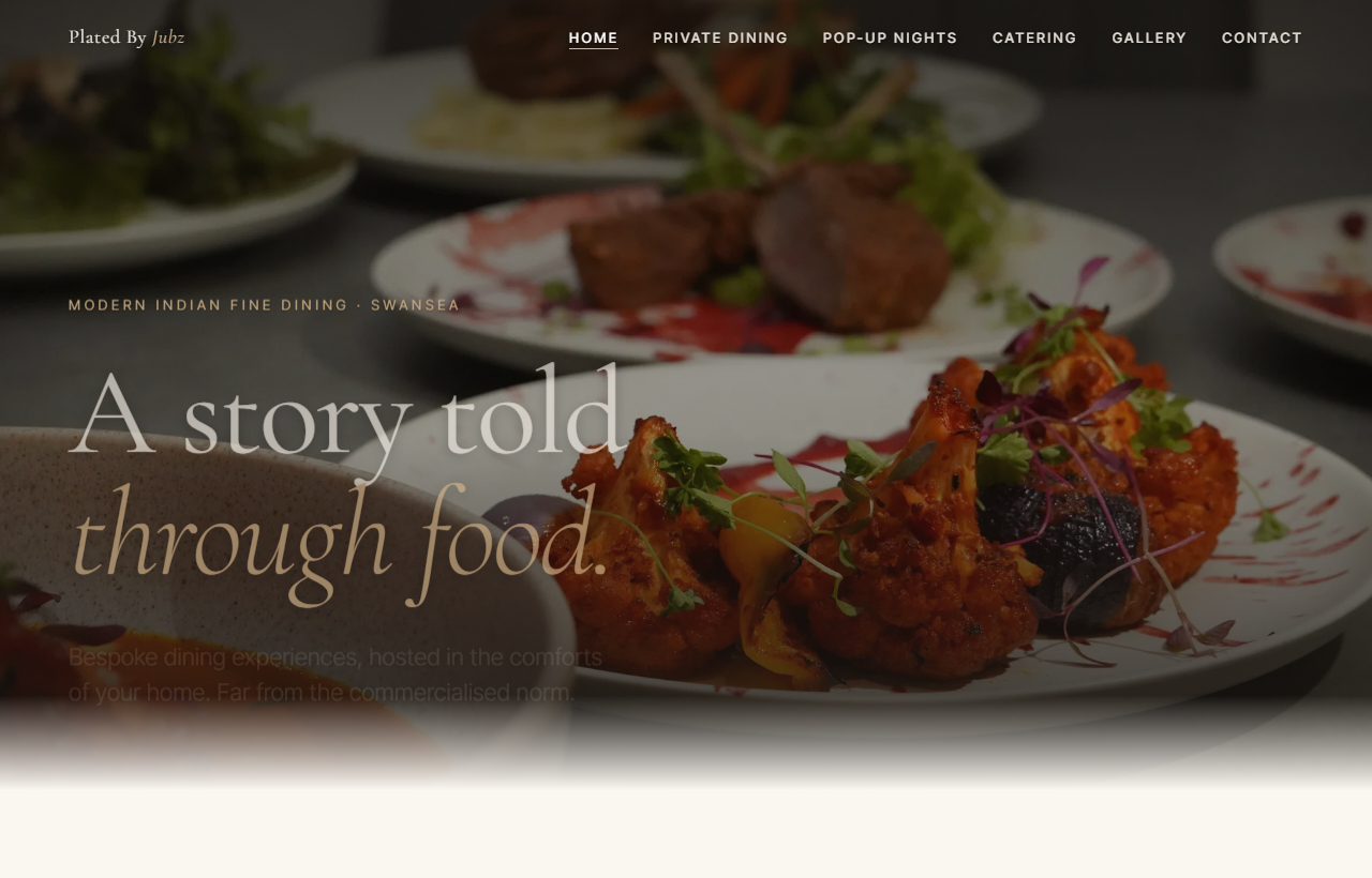 The Plated By Jubz homepage — a dark, photographic hero reading 'A story told through food'